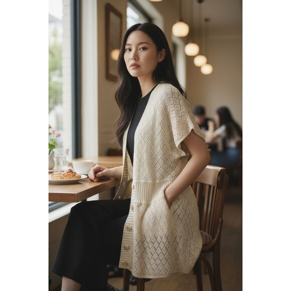 BANDOLINO Womens S Vintage Cream Shorth Sleeve Open Knit Cardigan Sweater Dress - Picture 1 of 11